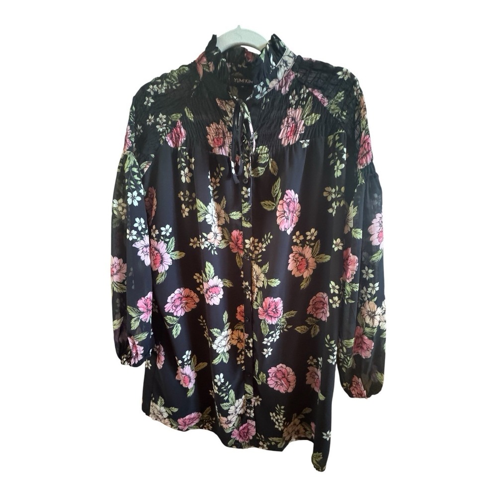 Anthropologie XYuni Kim Black Floral Astoria Tunic Dress Medium Smocked Neckline